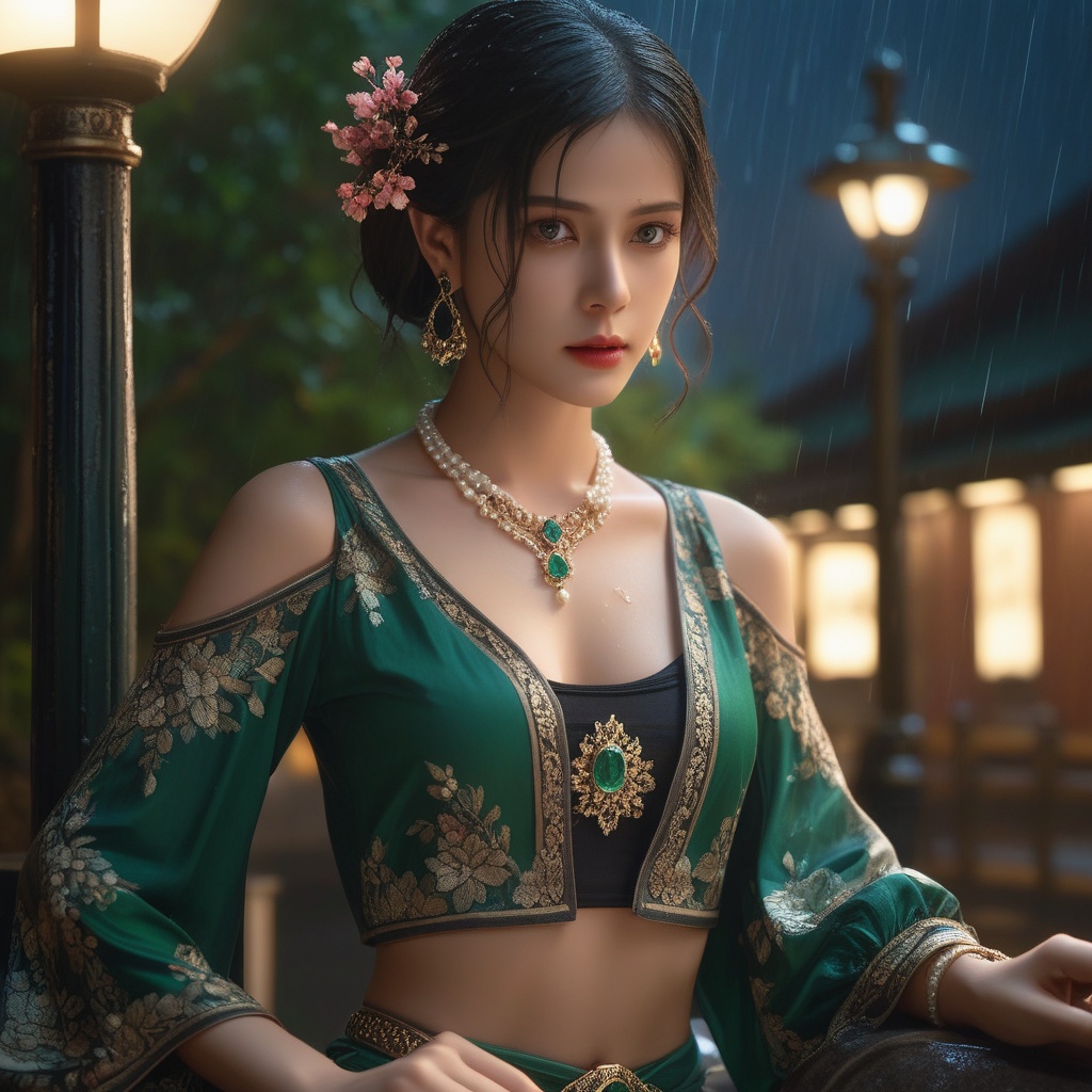 (,1girl, ,best quality, ),, ,ultra detailed 8k cg,            cinematic lighting, cinematic bloom, (( , )),,  , unreal, science fiction,  luxury, jewelry, diamond, pearl, gem, sapphire, ruby, emerald, intricate detail, delicate pattern, charming, alluring, seductive, erotic, enchanting, hair ornament, necklace, earrings, bracelet, armlet,halo,masterpiece, (( , )),,  ,cherry blossoms,(((, night,night sky,lamppost,  ultra high res, (photorealistic:1.4), raw photo, 1girl, , rain, sweat, ,wet, )))(( , ))   (cleavage),,  (sit), , <lora:823-DA-XL-国模-恶女-VIVI:0.8>,