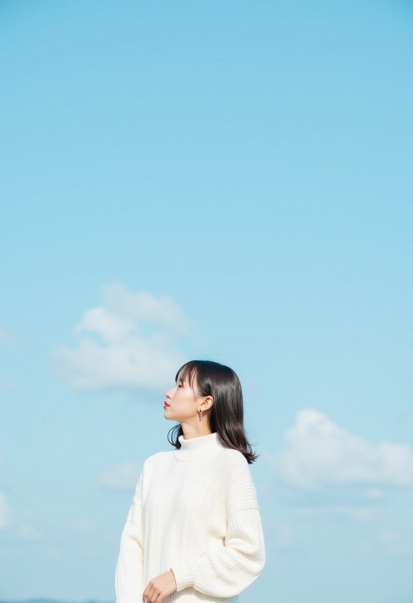 An extra long shot landscape photo showing a young Asian woman standing in front of blue sky. The woman wears white sweate...