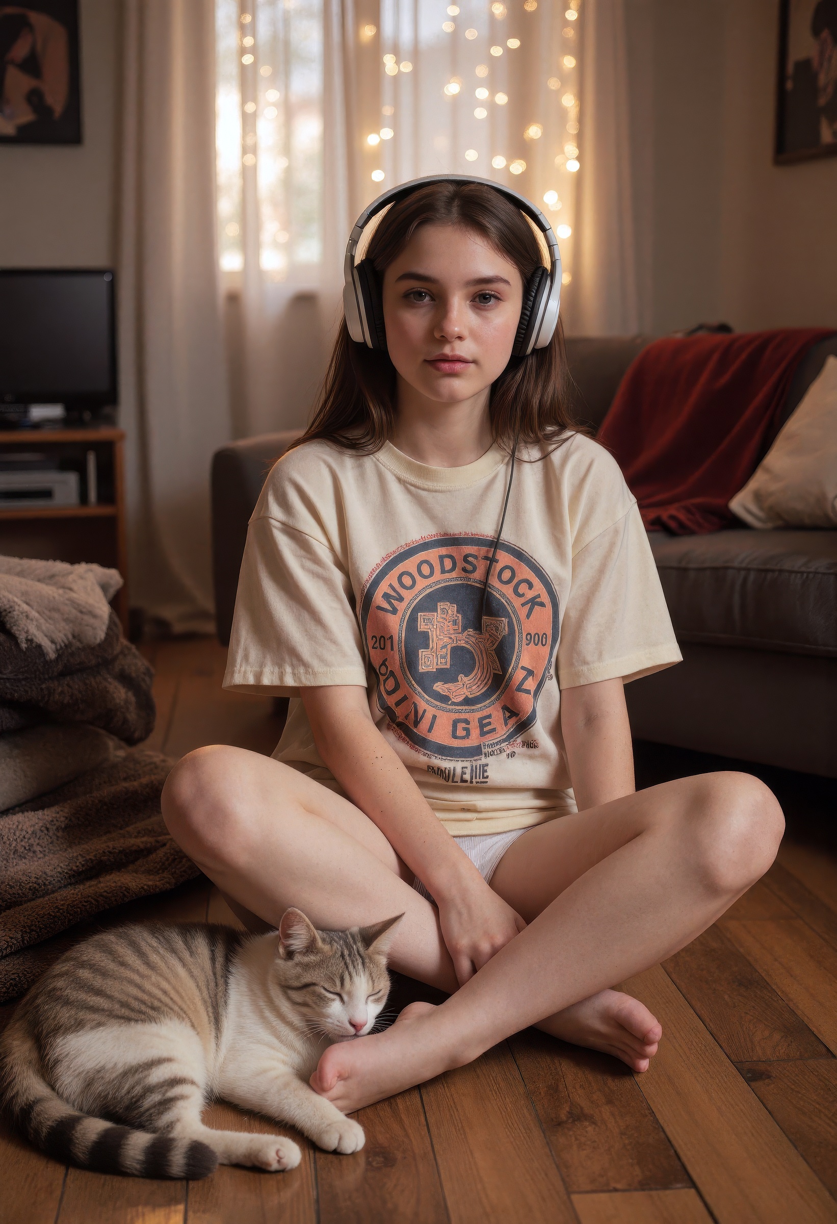 Ultra-detailed,  hyperrealistic 8k scene of a young woman with soft skin and bare legs,  wearing an oversized vintage wood...