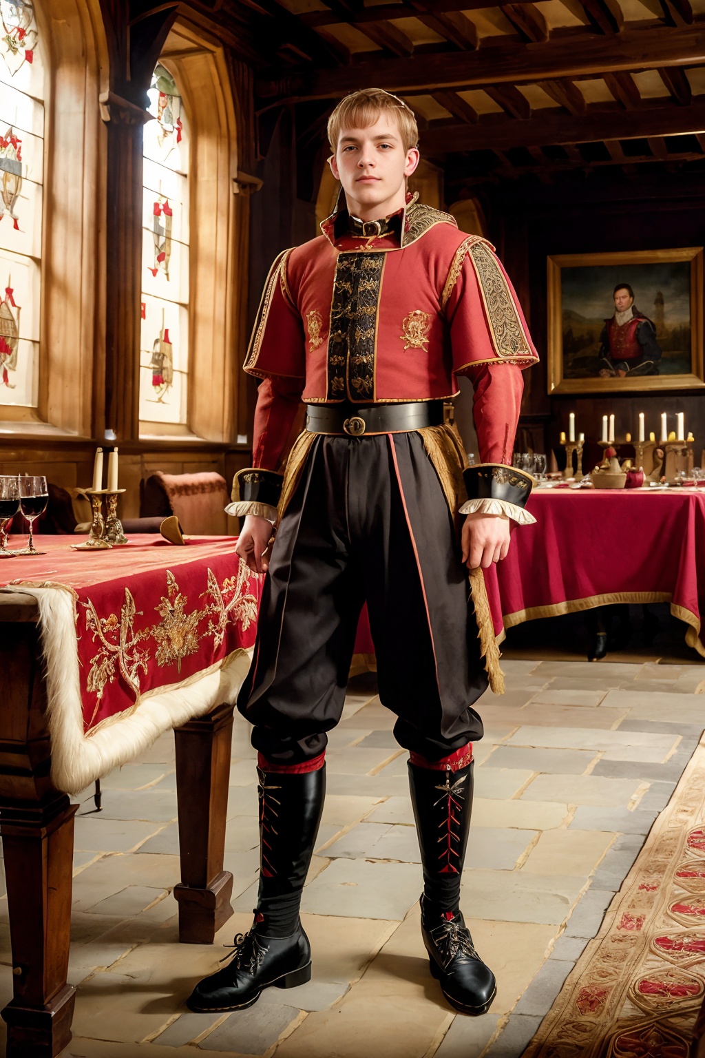 great hall of Tudor style castle,  stone walls,  high ceiling on Tensor.Art