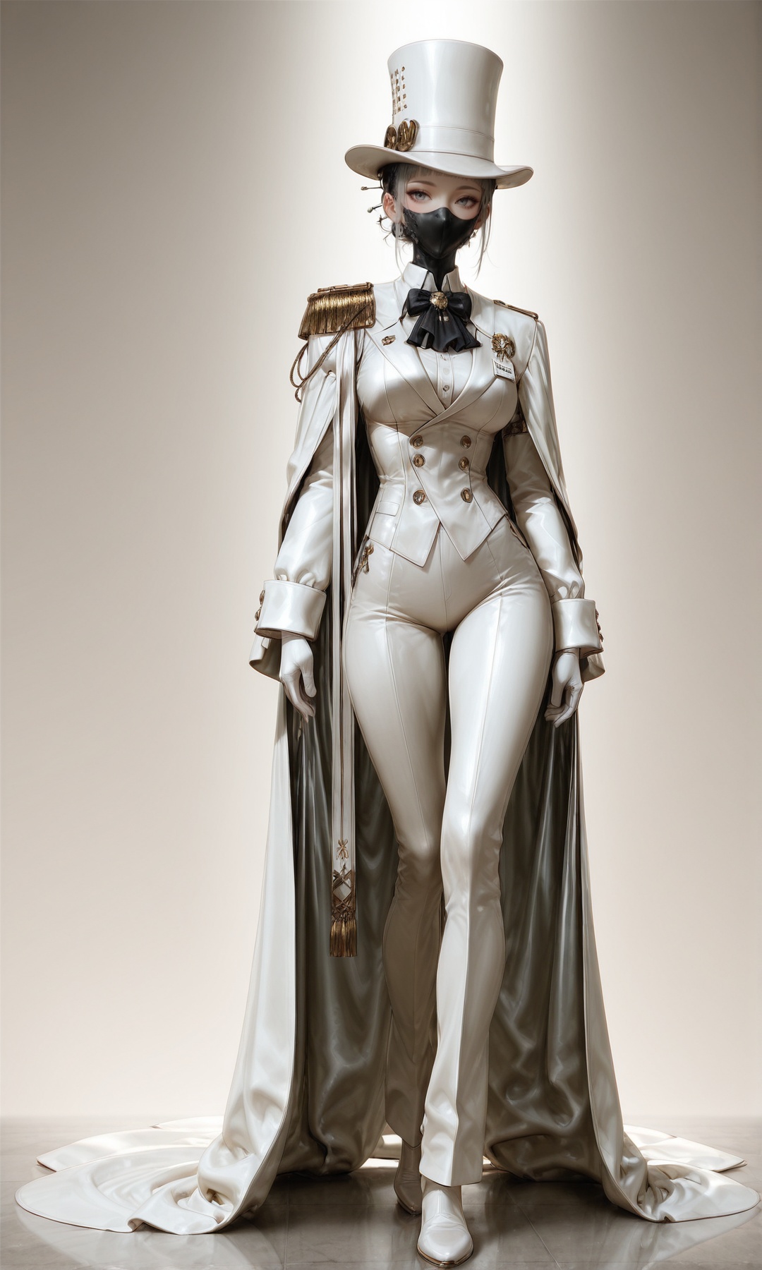 a full body shot of a man in white outfit,  wearing a white top hat and a mask,  The white costume has gold shoulder decor...
