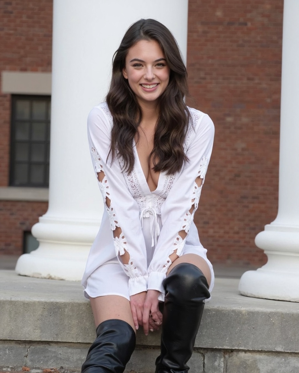 deva_cassel seated on a concrete step in front of a large,  white,  cylindrical column with a red-brick background. She is...