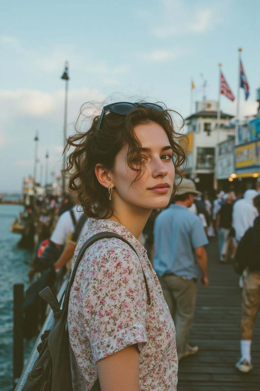 midjourney analog photograph.A young European woman,  shown in side profile,  stands outdoors near a waterfront on Tensor.Art