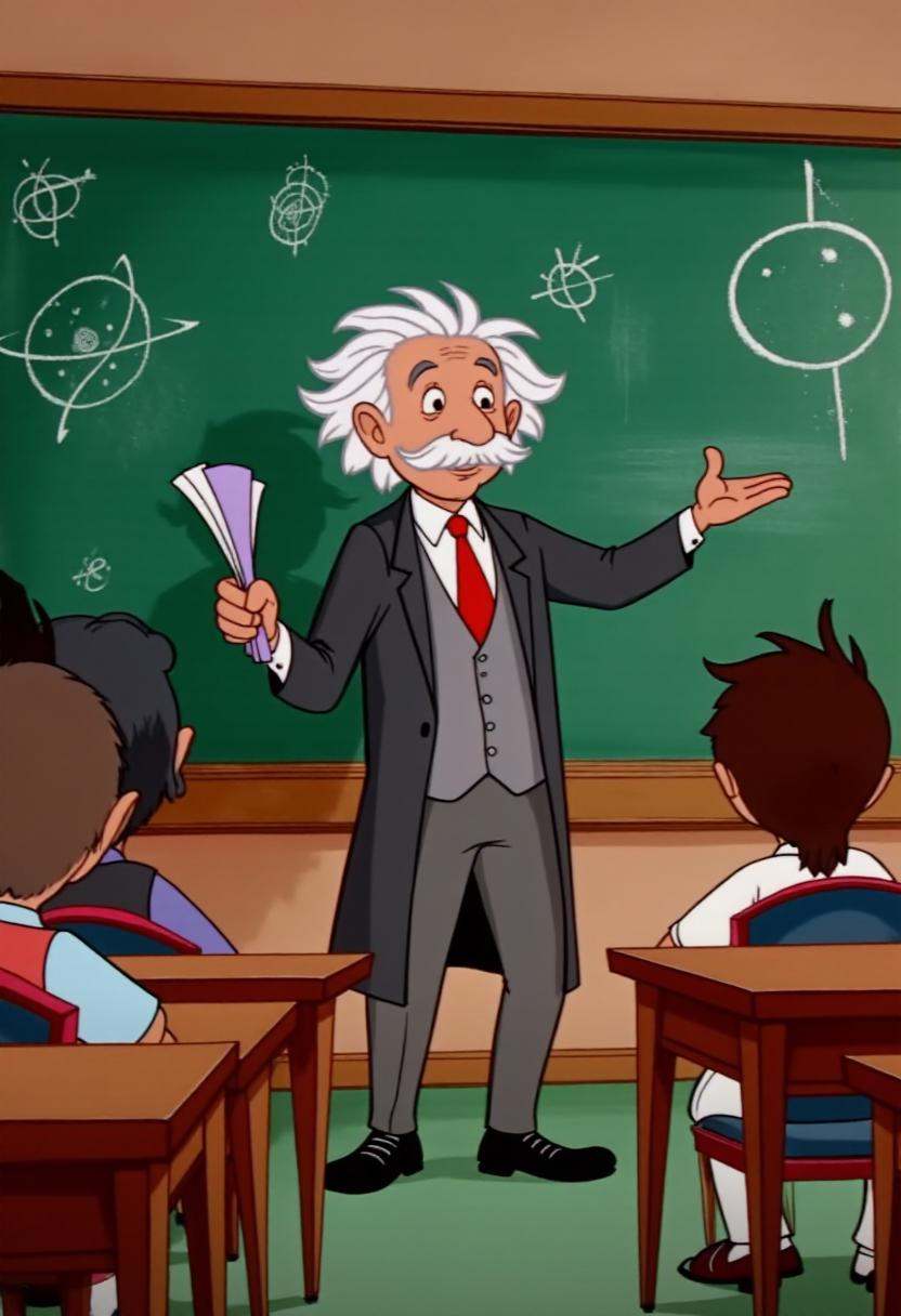 tjstyle cartoon image of Albert Einstein teaching in front of a chalkboard in a classroom full of students on Tensor.Art