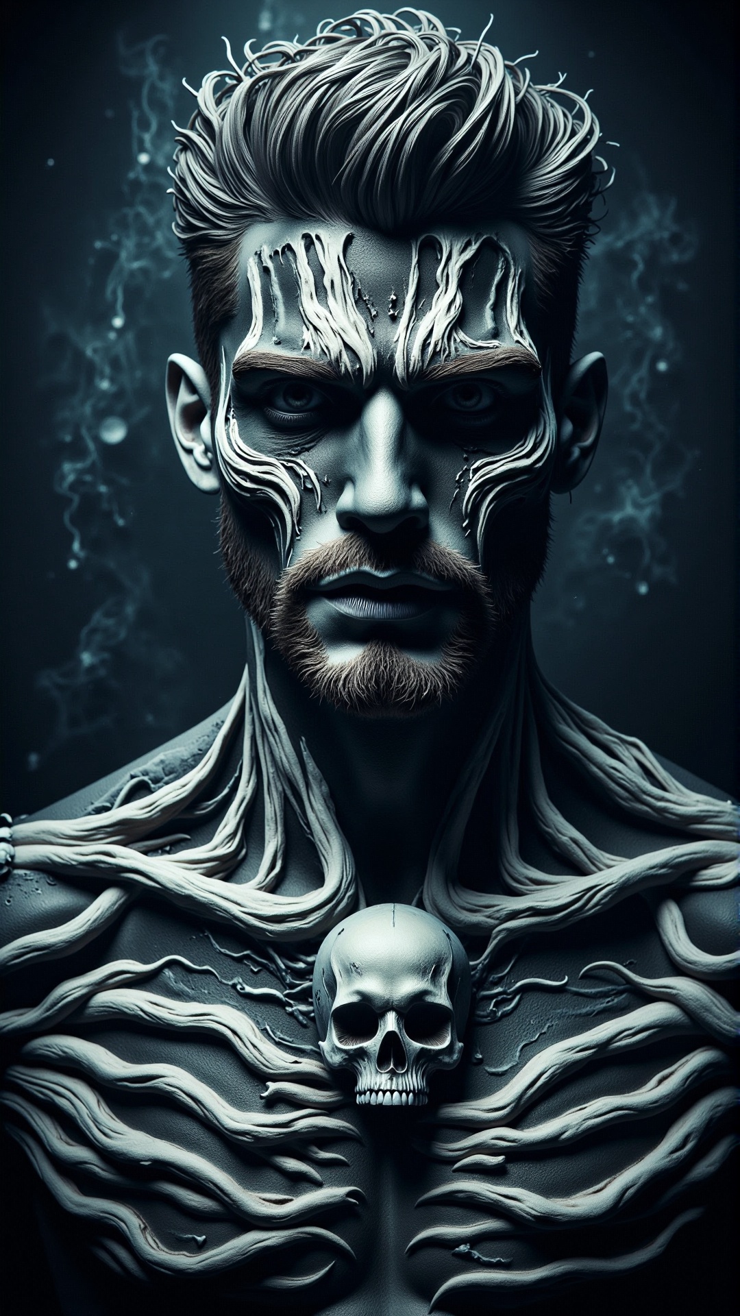 a photorealistic dark horror wet spirals a man as Neo,  portrait,  skull on the chest on Tensor.Art