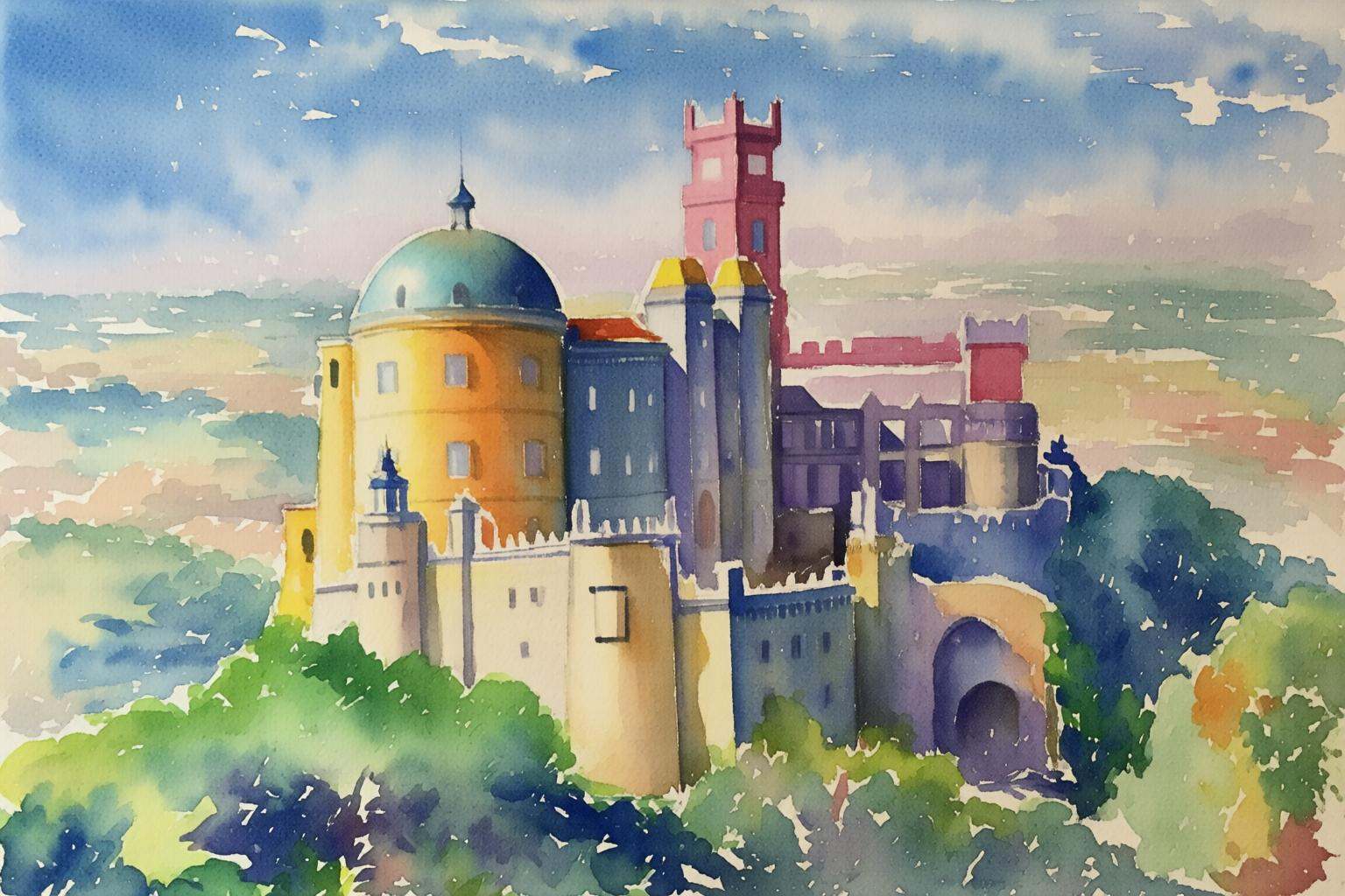 watercolorbasic2q watercolor painting.The Pena Palace,  a colorful and ornate castle located in Sintra,  Portugal on Tenso...