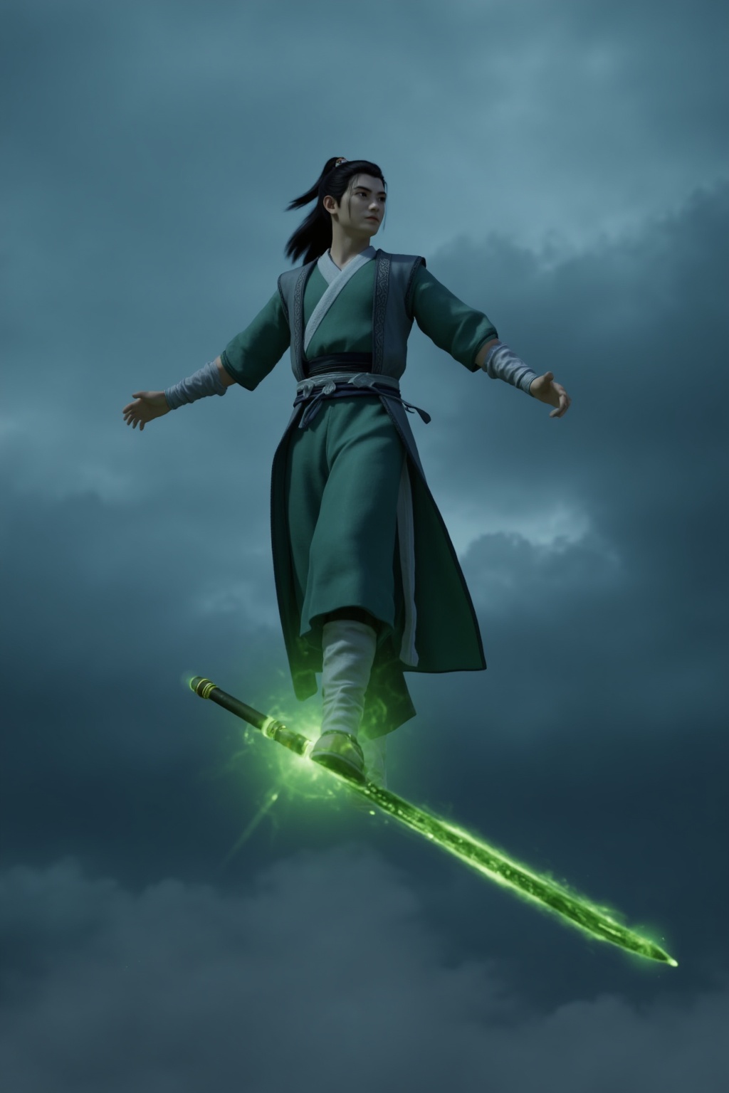 yujian,male focus,1boy was standing in the cloud,a green glowing sword at his feet,