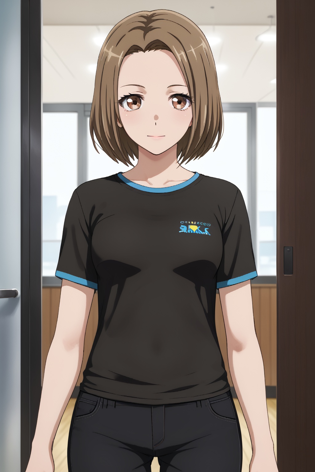 matsugi ririko, 1girl, solo, brown hair, shirt, brown eyes, short hair<lora:ring-真次凛凛子:0.8>