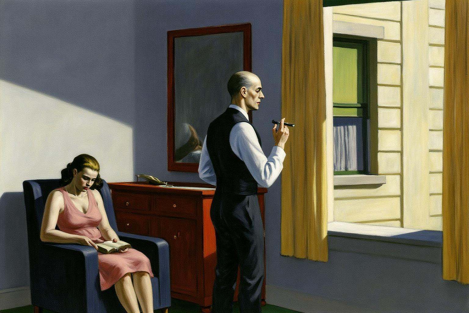 edwardhopper1 painting. A bald,  middle-aged man stands by a window,  holding a cigarette and looking out. He is dressed i...