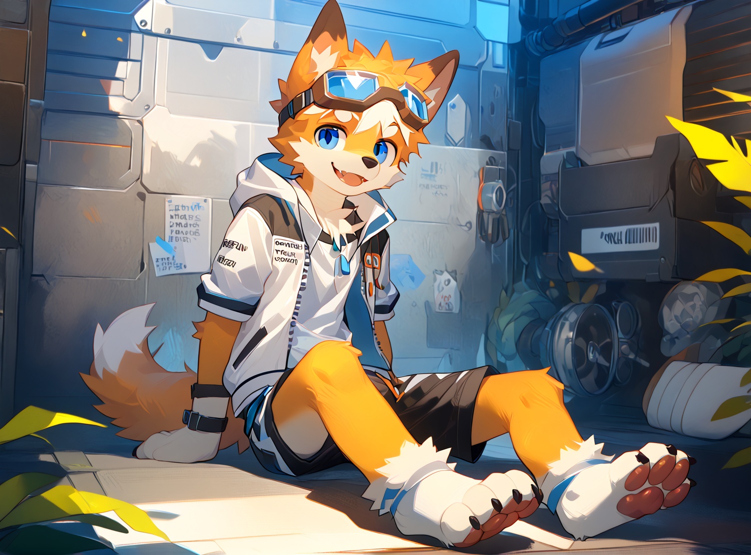 solo, looking at viewer, smile, short hair, open mouth, blue eyes, shirt, 1boy, animal ears, sitting, jacket, tail, full body, short sleeves, male focus, shorts, fang, hood, english text, official alternate costume, white jacket, goggles, dog ears, furry, goggles on head, dog tail, toeless legwear, furry male, white fur, animal nose, dog boy, pawpads, orange fur,source_furry,anthro,body fur,<lora:indigoVoidFurryFused_v29:0.1>,