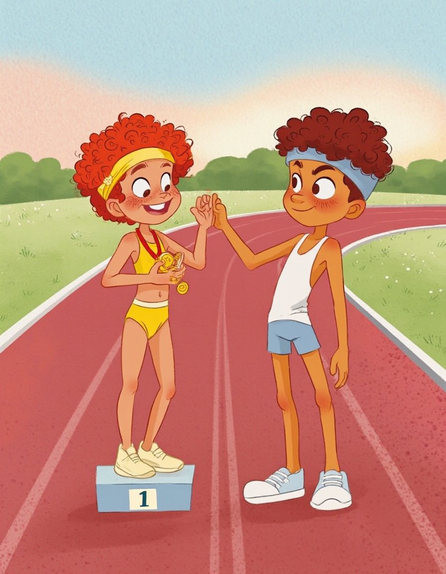 This is a high-quality digital illustration featuring two animated characters,  a boy and a girl,  standing on a red runni...