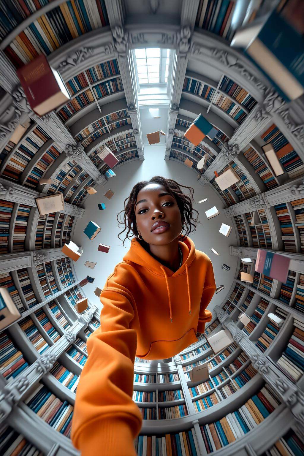 midjourneyhighangle13q High angle view.An African woman wearing an orange hoodie standing in a grand,  circular library. T...