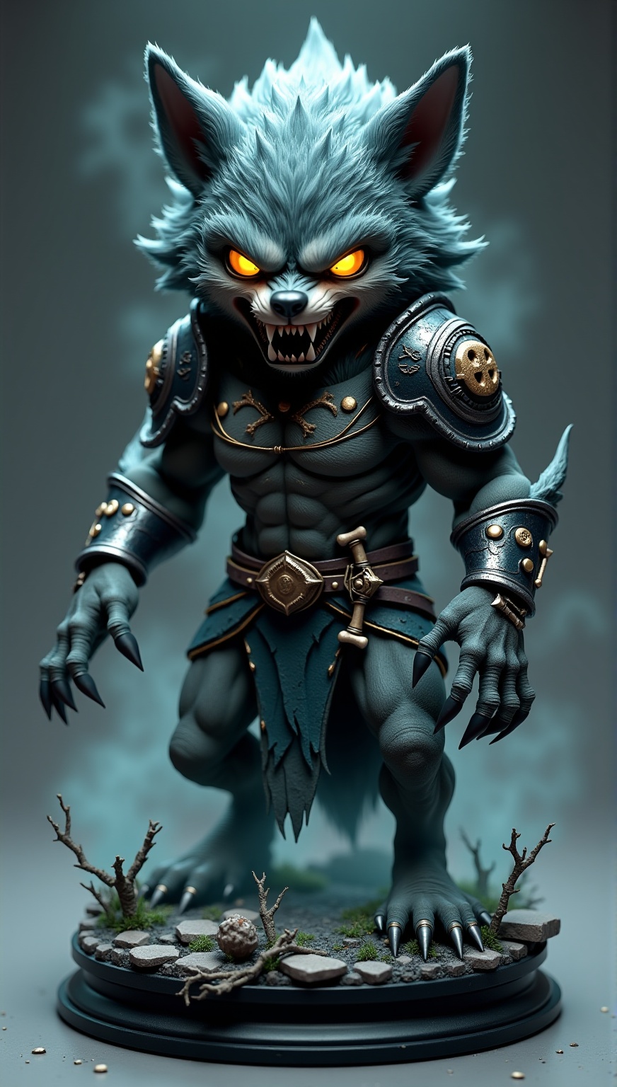 C4D, 3D, Halloween-Themed Chess Set, Werewolf (cute) Appearance: A fierce, anatomically detailed werewolf mid-transformation, with glowing yellow eyes, sharp teeth, and a snarling expression.Armor: Torn, fur-covered armor with intricate, Gothic-inspired engravings, adorned with small, hanging bones and feathers.Weapon: Clawed hands with razor-sharp, curved talons.Theme: The embodiment of speed, ferocity, and terror, exuding a sense of primal power and menace.Base: A highly detailed, round base resembling a misty, moonlit forest floor, with scattered, crunchy leaves, twisted roots, and moss-covered rocks.