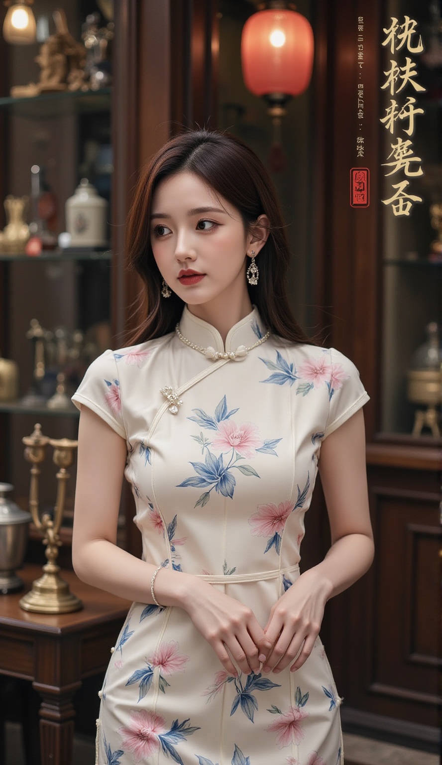 Cheongsam,Elegant in Tradition: A Woman Styled with a Chinese Qipao and Accessories,Standing by an Antique Shop Display.,