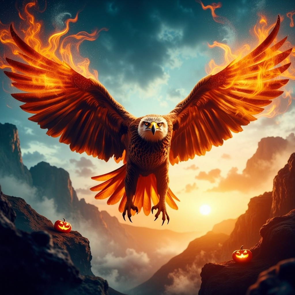 HalloweenGlowStyle orange themed Soaring eagle,  golden feathers,  deep blue sky on Tensor.Art