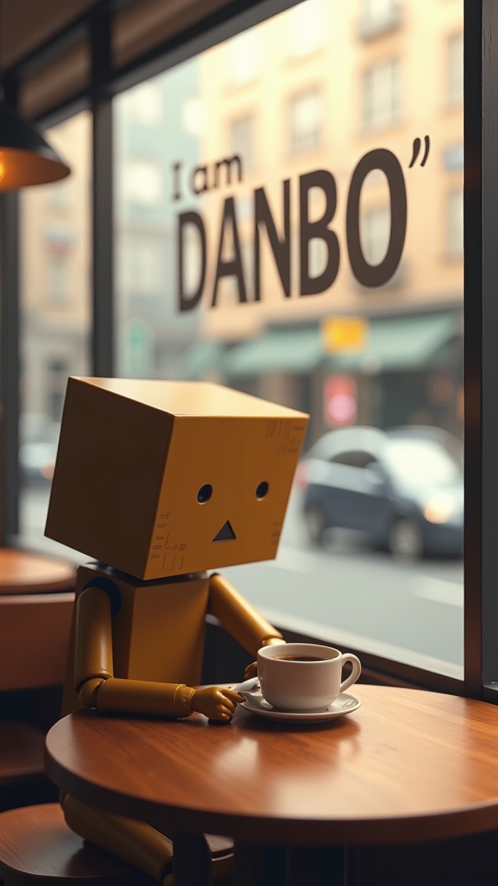 "aidmaDanbo sitting at a coffee shop table,  sipping from a tiny cup of coffee,  with the city street visible through the...
