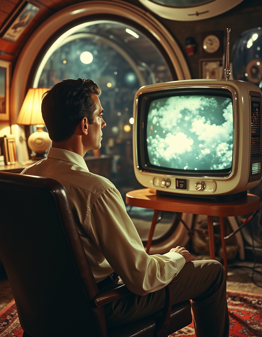 Vintage Sci-fi . a man sitting in a chair watching tv on Tensor.Art