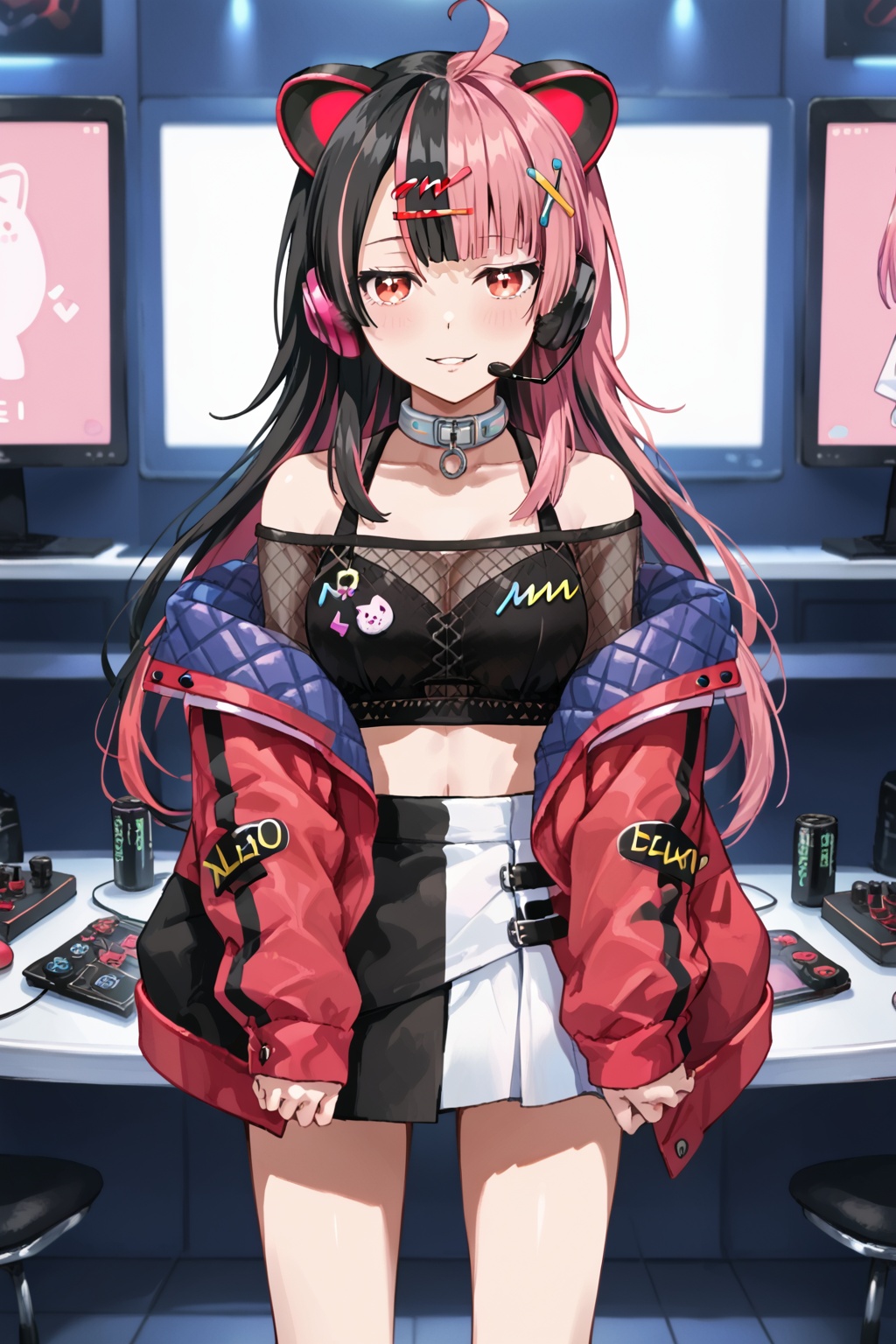 Sengoku Yuno,long hair, breasts,bangs,black hair, hair ornament, red eyes,navel, animal ears,pink hair, multicolored hair,virtual youtuber, two-tone hair,headphones<lora:千石ユノ:0.8>