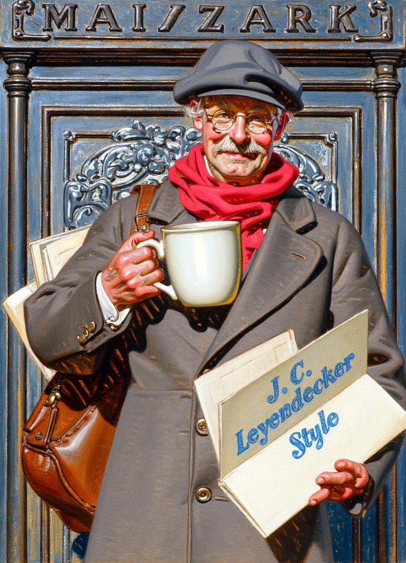 cartoon illustration by j.c. leyendecker of a mailman standing in front of a postbox. He has gray hair and a bushy mustach...