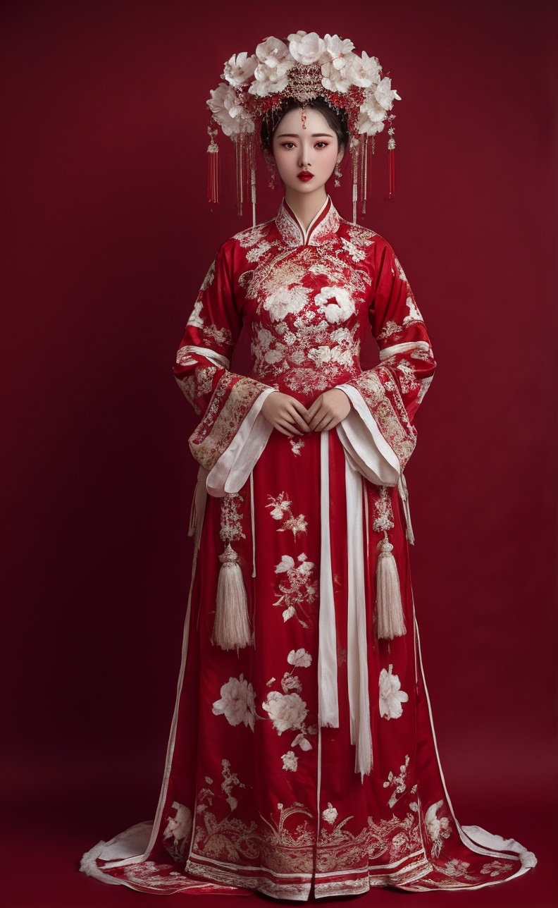 1girl, solo, red lips, flower, hair ornament, black hair, full body, chinese clothes, looking at viewer, standing, white flower, hair flower, red background, dress, long sleeves, red dress, own hands together, floral print, jewelry, makeup, red theme, wide sleeves