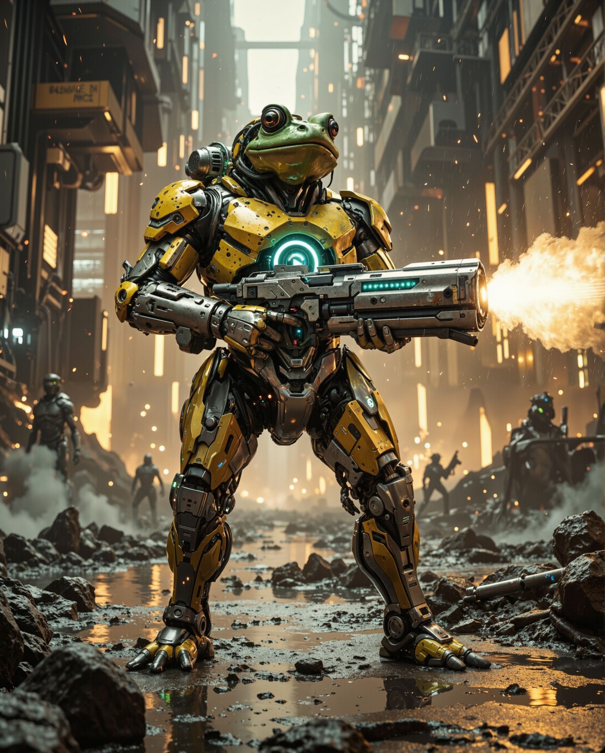 Design an epic,  cinematic portrayal of a futuristic cybernetic toad warrior standing in a glowing,  high-tech industrial...