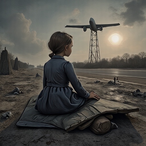 dark and gloomy children's book Artwork illustration of Gerda. She is sitting on rubble on the Airport Tempelhof in post-w...