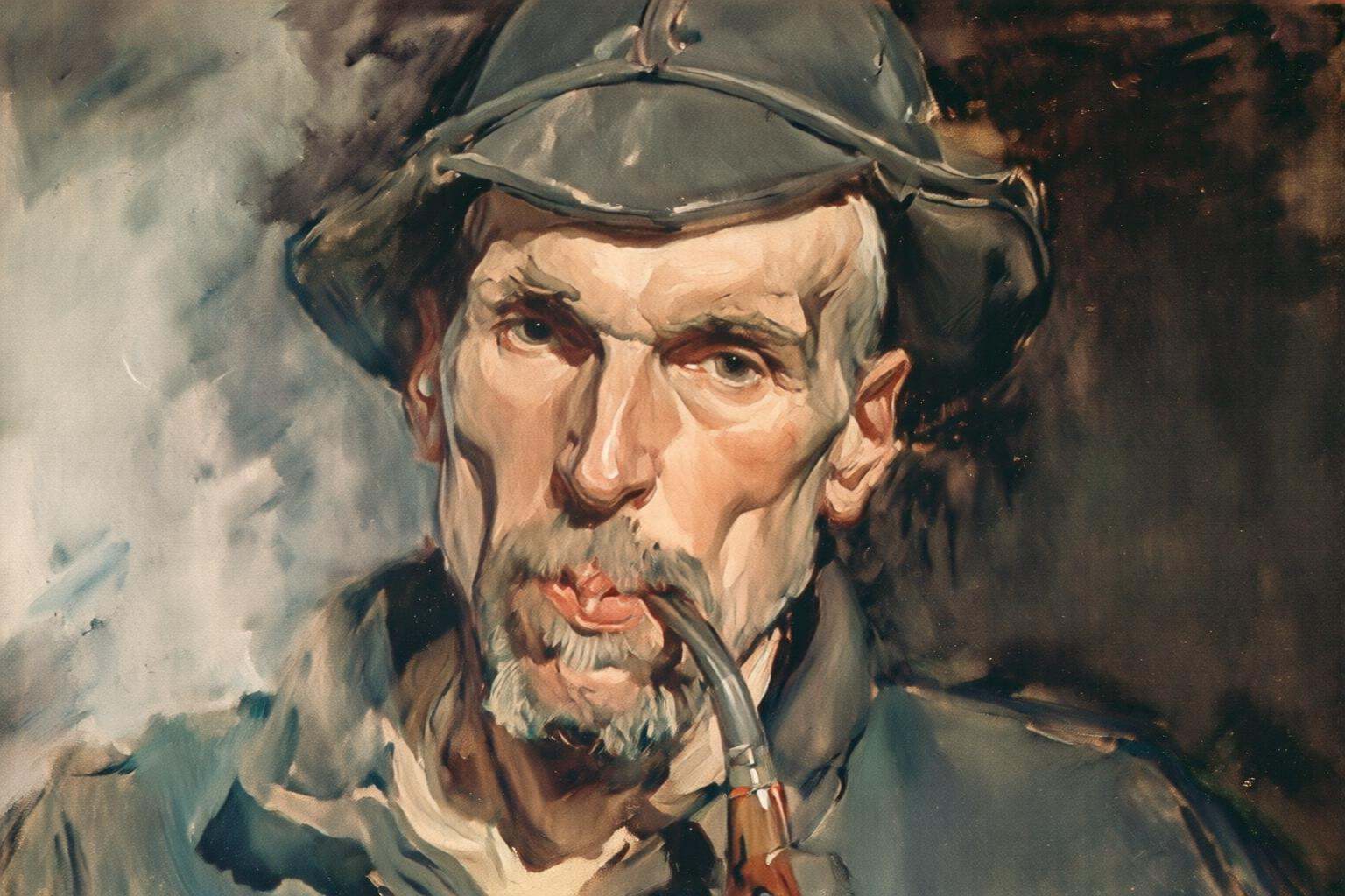 joaquinsorolla3q painting.A gaunt,  bearded man wearing a seaman's cap and smoking a pipe. He is looking directly at the v...