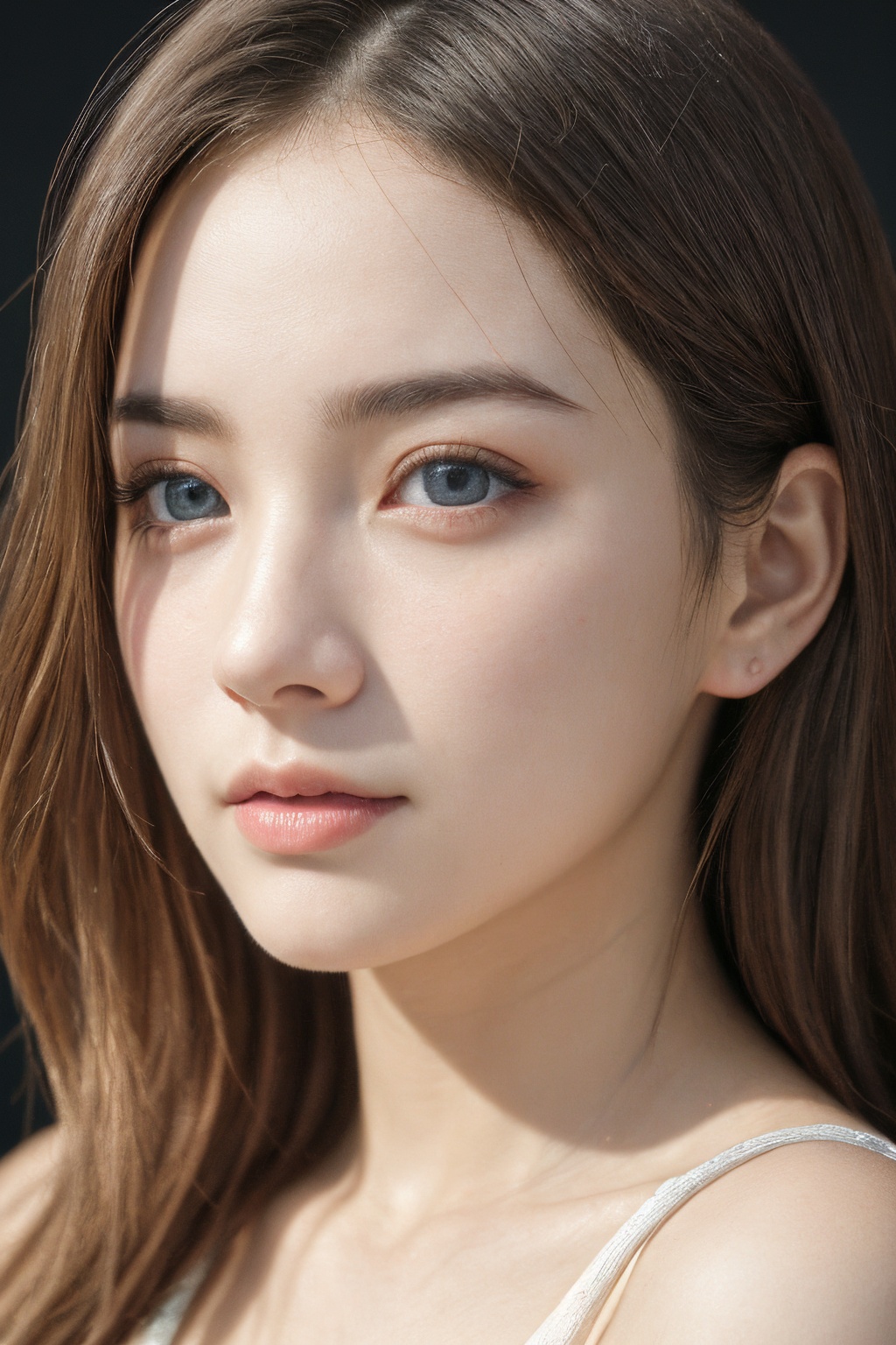 (extremely detailed), (detailed face:1.4), (beautiful detailed eyes:1.2), girl, bright glistening skin, realistic skin, skin pores, beautiful, pretty, upper body, dramatic lighting, realistic, teenage, dress, simple background,