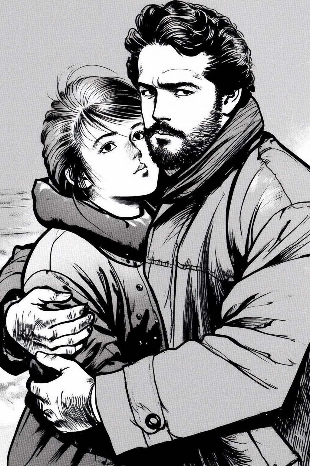 ryoichiikegami2q illustration. Black and white drawing.A tender moment between a man and a young woman,  seated closely to...