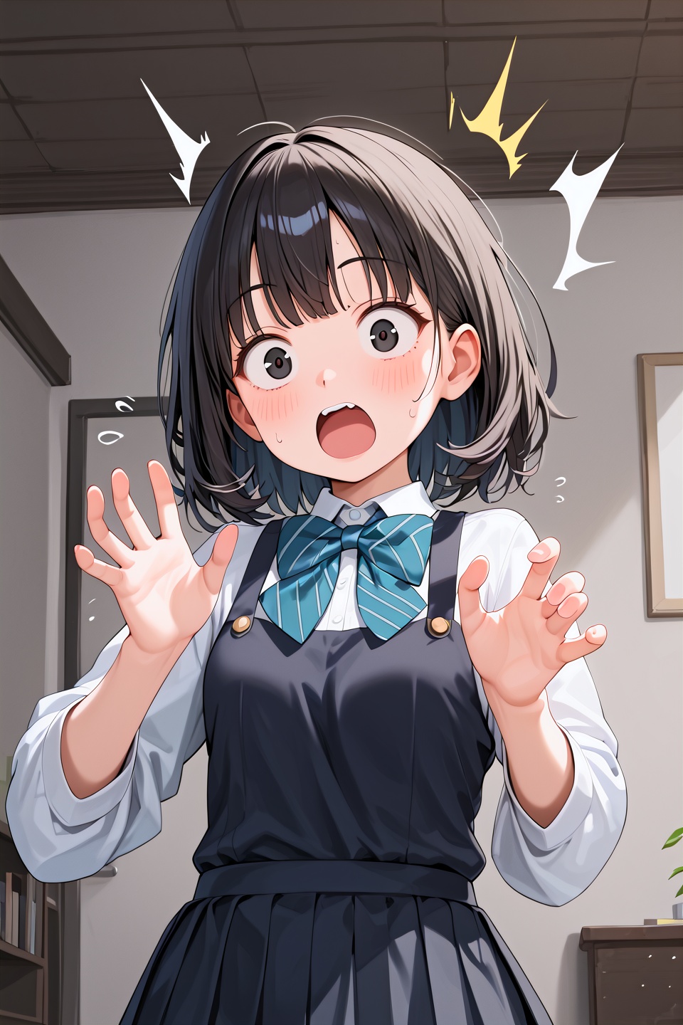 score_9, best quality, dynamic,1girl,surprised,black eyes
