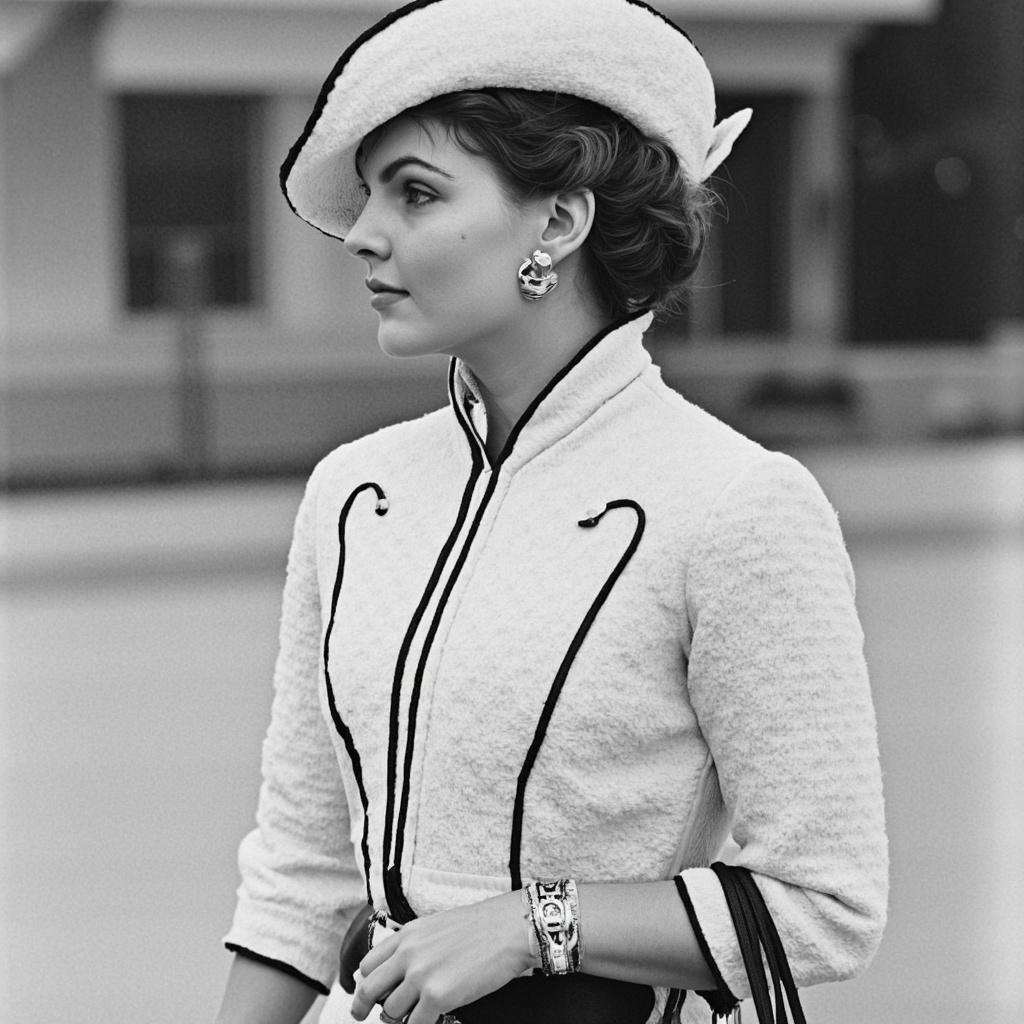 A black and white photograph captures camren_bicondova in a side profile. She wears a white, textured jacket with black trim and a matching hat. The jacket has a high collar and a buttoned front. She holds a black handbag in her right hand and wears a silver bracelet on her left wrist. Her hair is styled in a high bun, and she wears large, dangling earrings. The background is blurred, but appears to be an outdoor setting with a building visible in the distance. The photograph is from the 1950s 