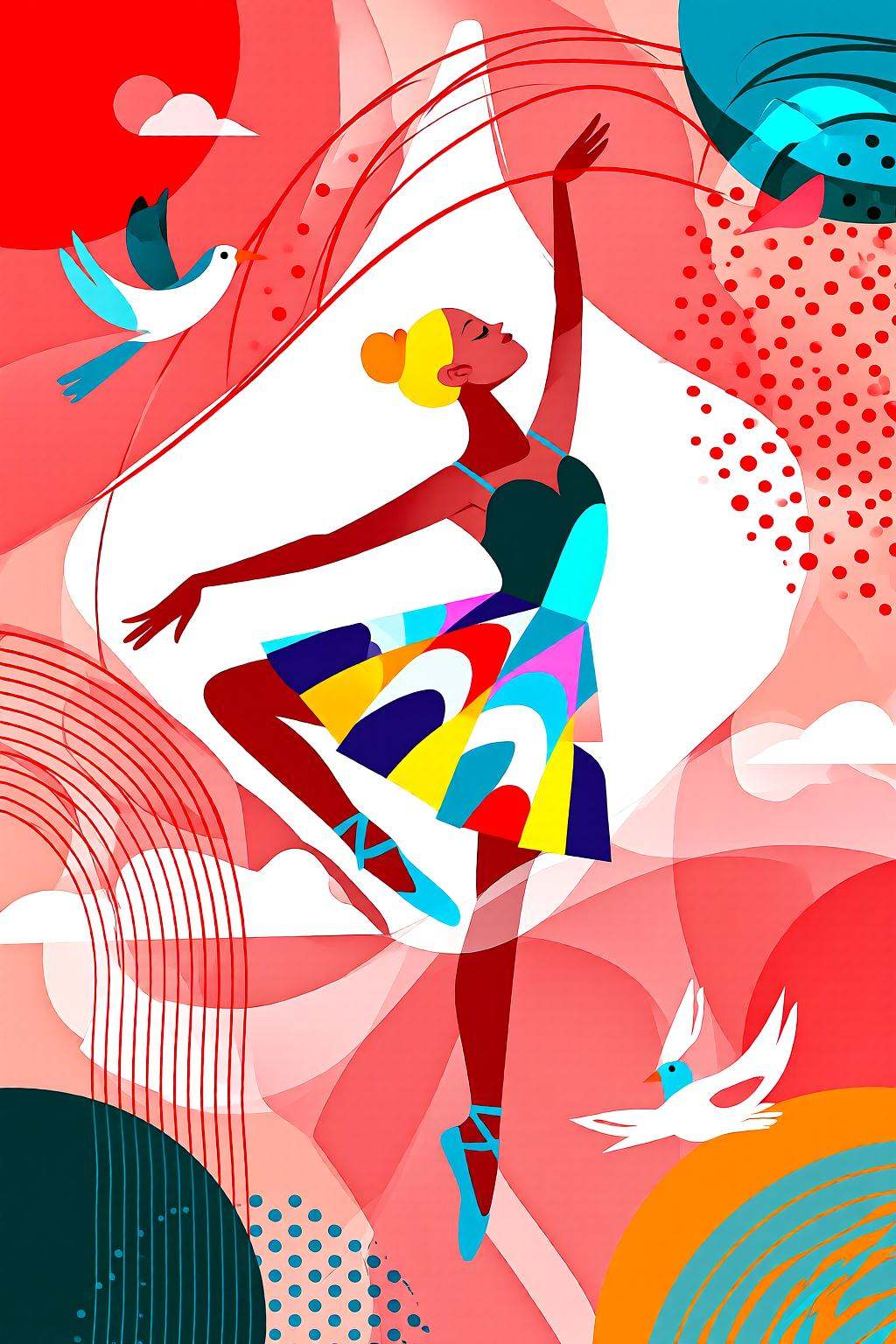 flatcolorvectorart2q illustration.A ballerina is in a graceful pose,  wearing a colorful dress and ballet slippers. She is...