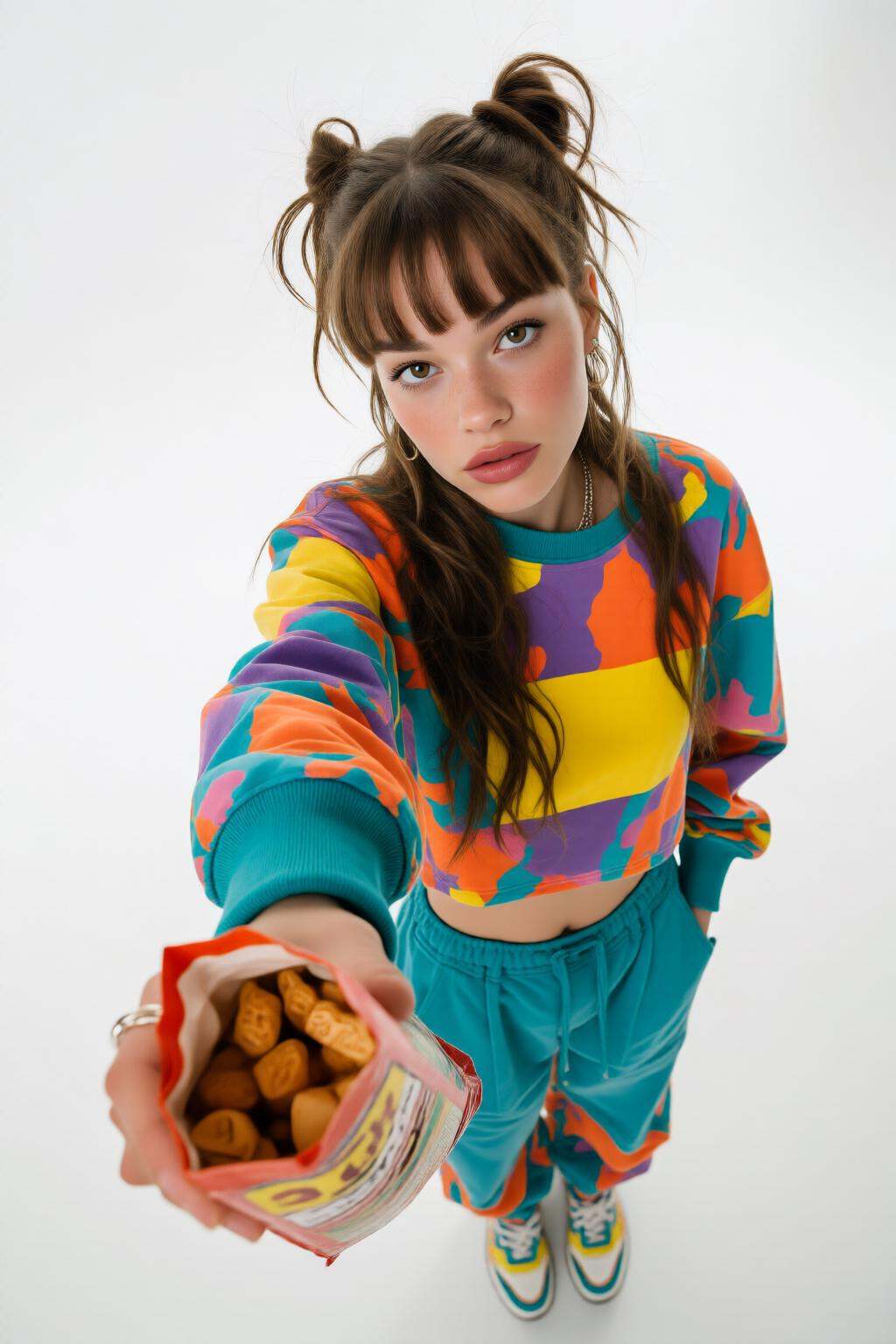 midjourneyhighangle13q High angle view. A young woman standing against a white background,  wearing a colorful outfit cons...