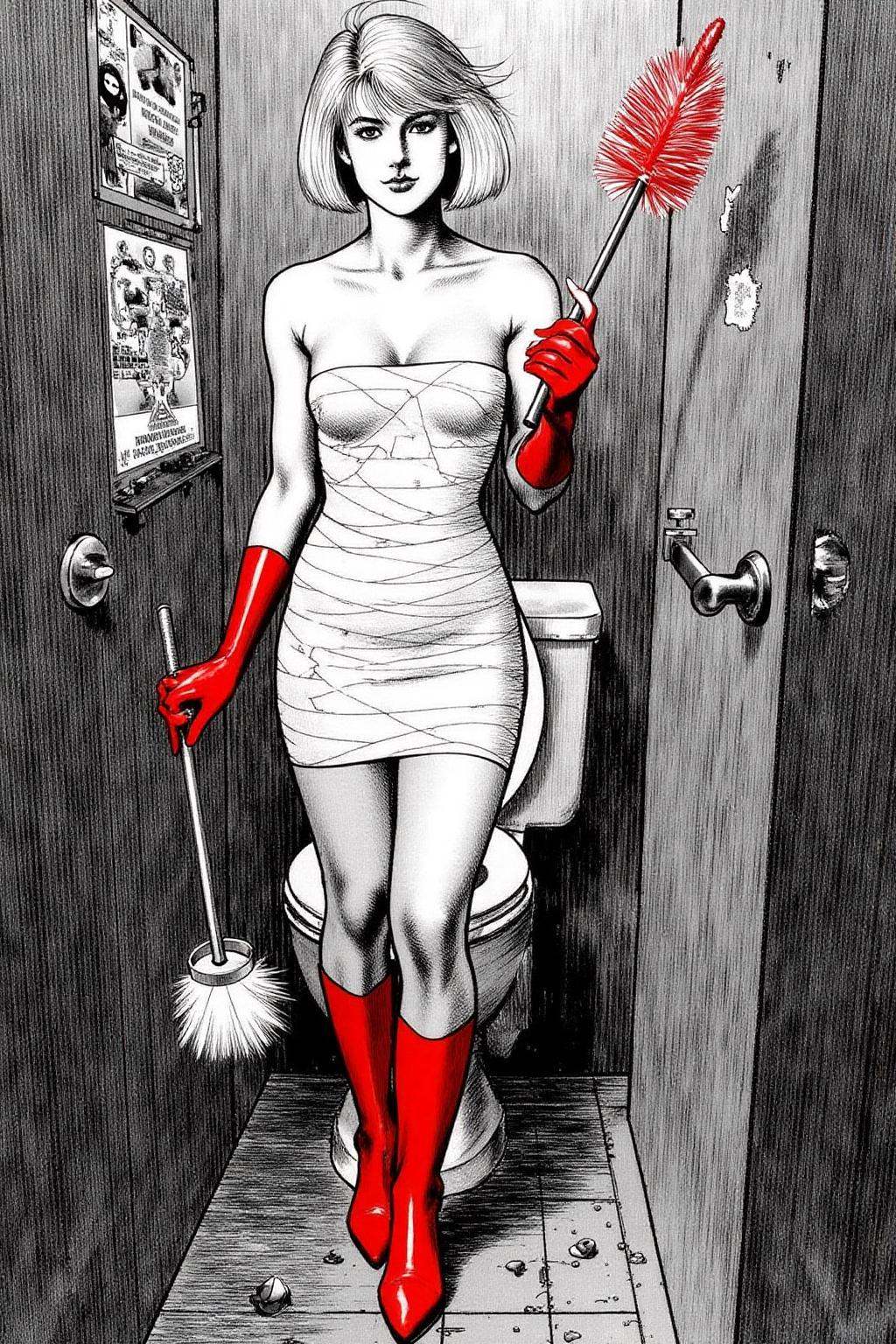 1keryo illustration. A slim Swedish woman stands confidently in a small,  dingy restroom. She platinum blonde bob haircut...