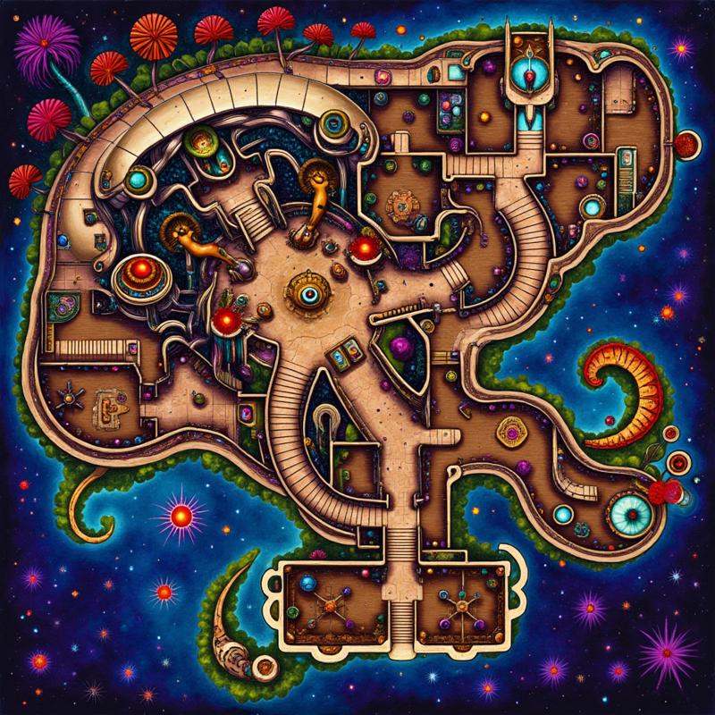 This is a vibrant,  fantastical digital artwork in a style reminiscent of surrealist and fractal art. The image depicts an...