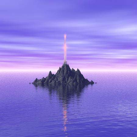 with the sword emitting a soft,  cloudless sky. Scattered across the sky are numerous large,  The image is a digital rende...