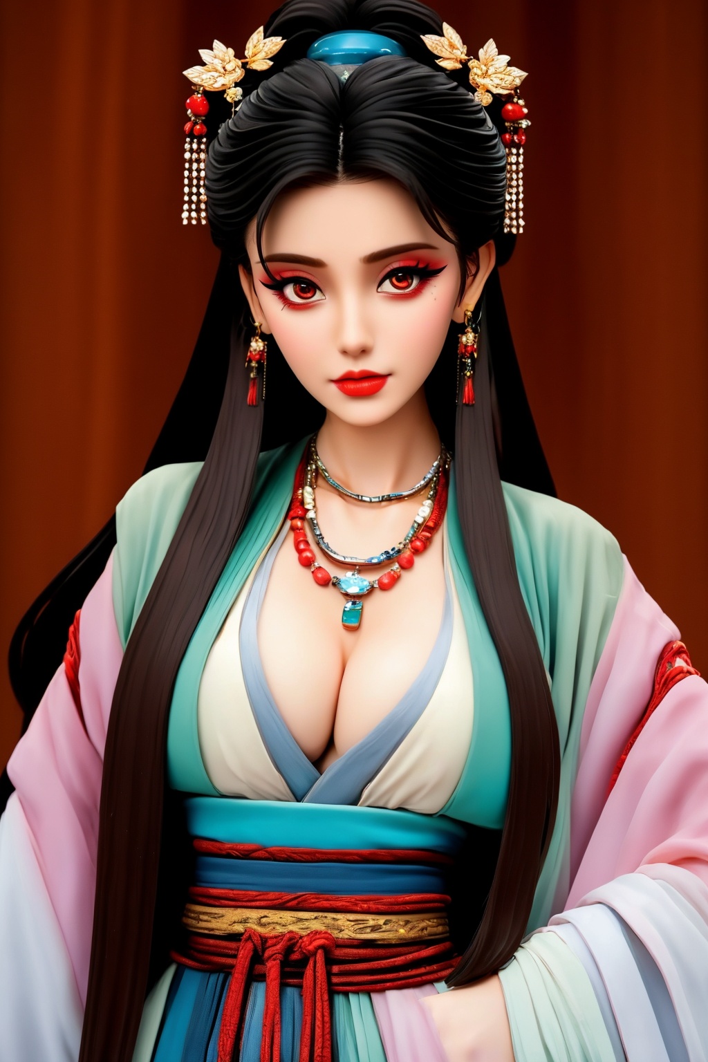 1girl, breasts, jewelry, long hair, looking at viewer, necklace, cleavage, hanfu