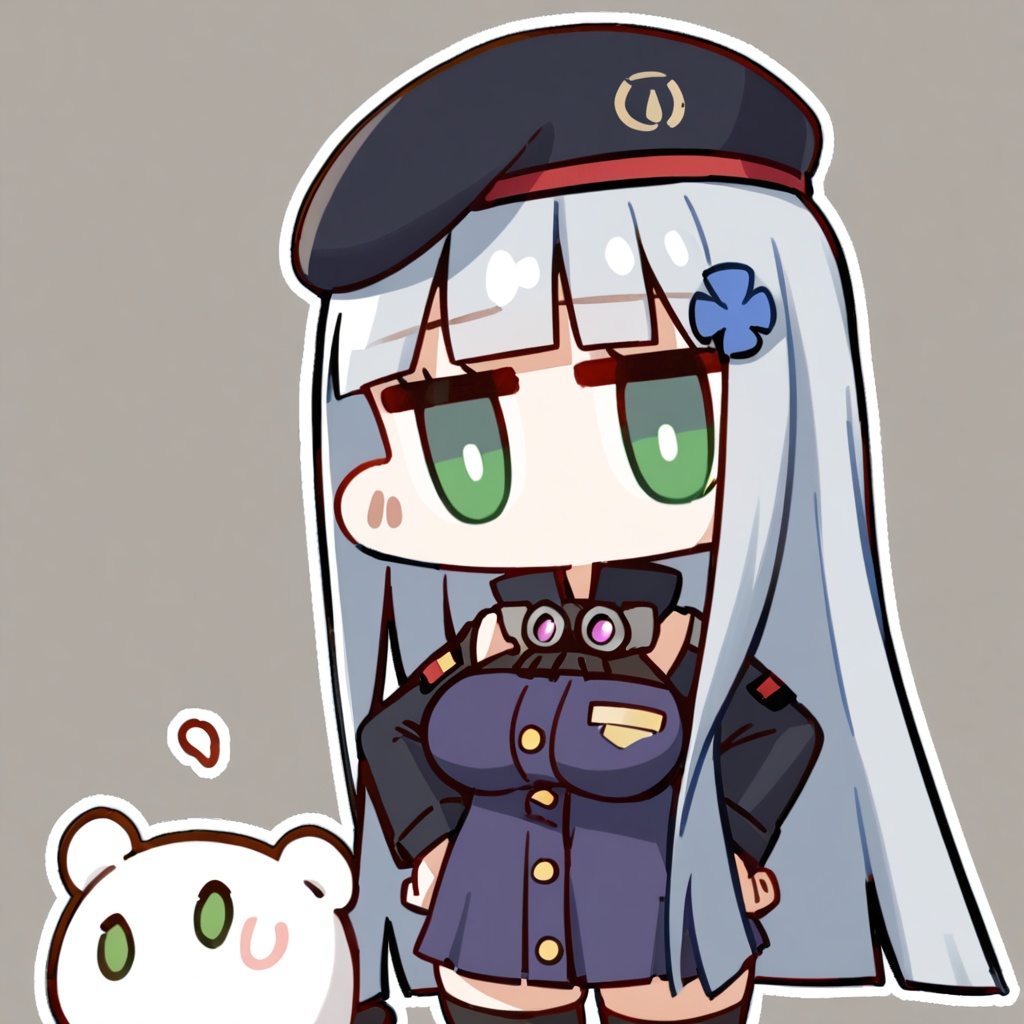 chibi,<lora:nineface-chibi-A31-5:1>,1girl,hk416 \(girls' frontline\),girls' frontline,bangs,green eyes,long hair,hair ornament,breasts,facial mark,grey hair,blunt bangs,hat,large breasts,medium breasts,very long hair,