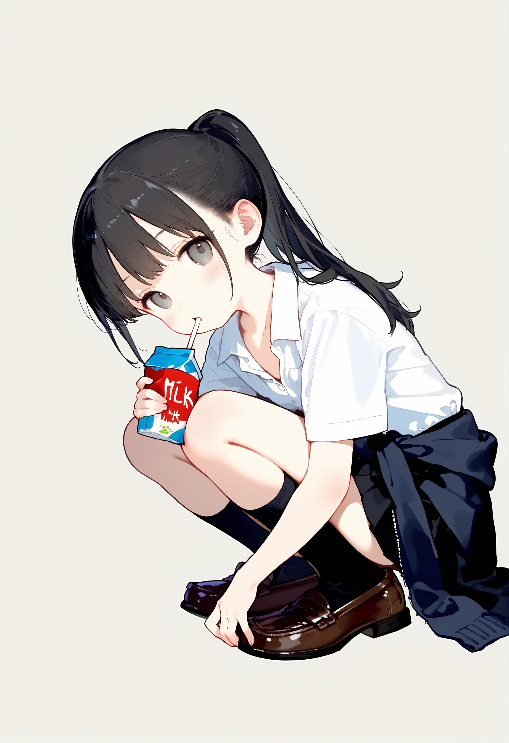 loli, 1girl, solo, squatting, black hair, socks, drinking, skirt, ponytail, clothes around waist, shoes, loafers, shirt, juice box, looking at viewer, short sleeves, simple background, kneehighs, black socks, white shirt, holding, school uniform, grey eyes, black skirt, pleated skirt, drinking straw, collared shirt, grey background, brown footwear, sweater around waist, full body, dress shirt, jacket, brown socks, milk carton, hand on own knee, jacket around waist, long hair, holding drink, carton, collarbone, hand up, from side, white background, looking to the side, wing collar, drink, sidelocks, blush, parted lips