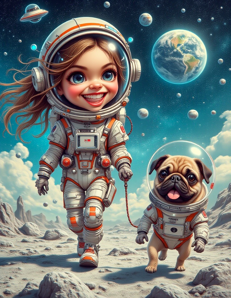 A whimsical cartoon-style artwork featuring a cheerful young woman in a futuristic space suit walking her adorable pug on...