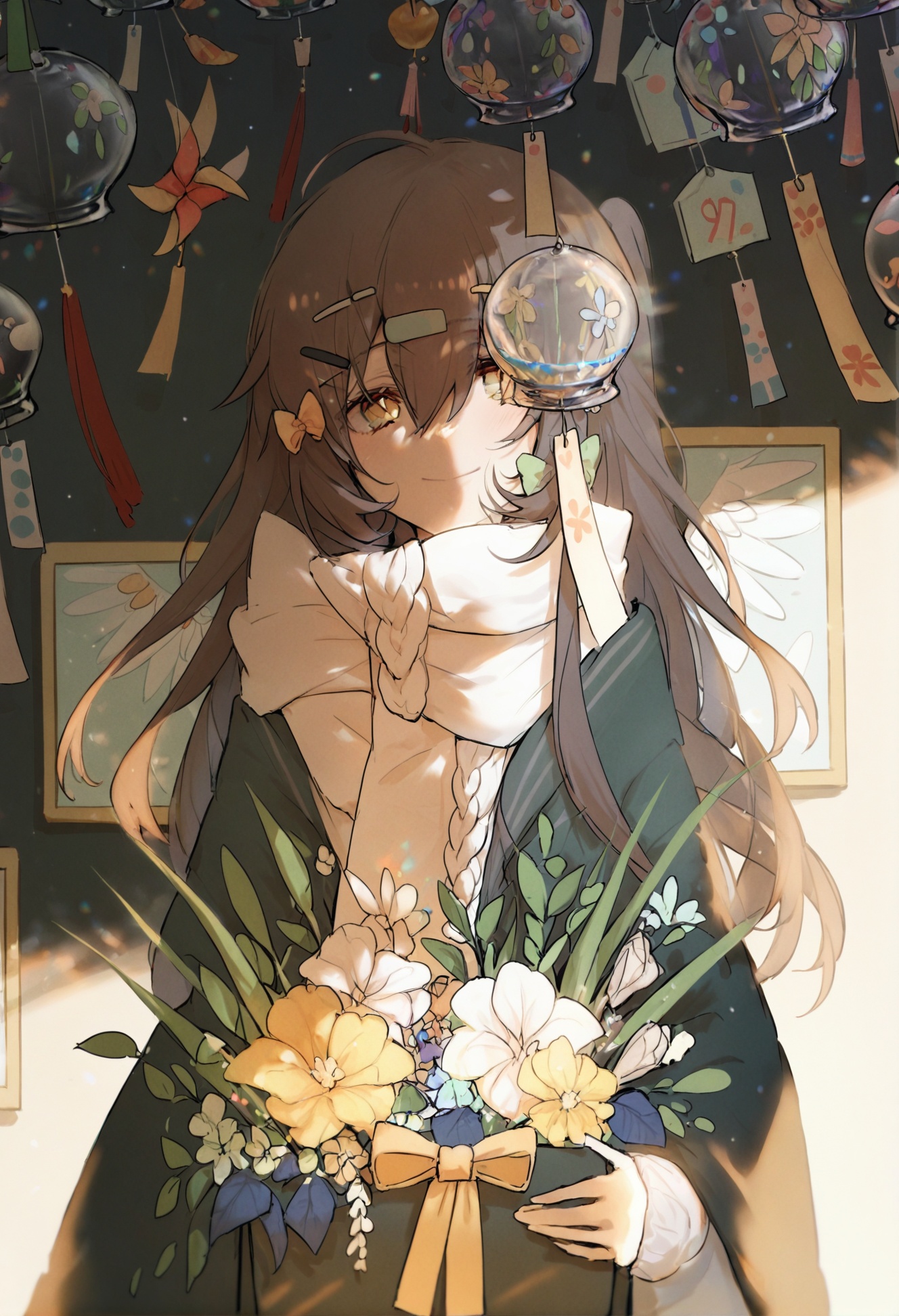 masterpiece,best quality, score_9,score_8,score_7_up,score_6_up,1girl, wind chime, solo, flower, long hair, wings, scarf, bow, holding, hair ornament, smile, looking at viewer, hair bow, closed mouth, yellow eyes, brown hair, yellow bow, white wings, upper body, hair between eyes, long sleeves, white scarf, hairclip, bouquet, orange bow, white sweater, angel wings, sweater, feathered wings <lora:konyakarasueXLlokr4f-000140:0.95>