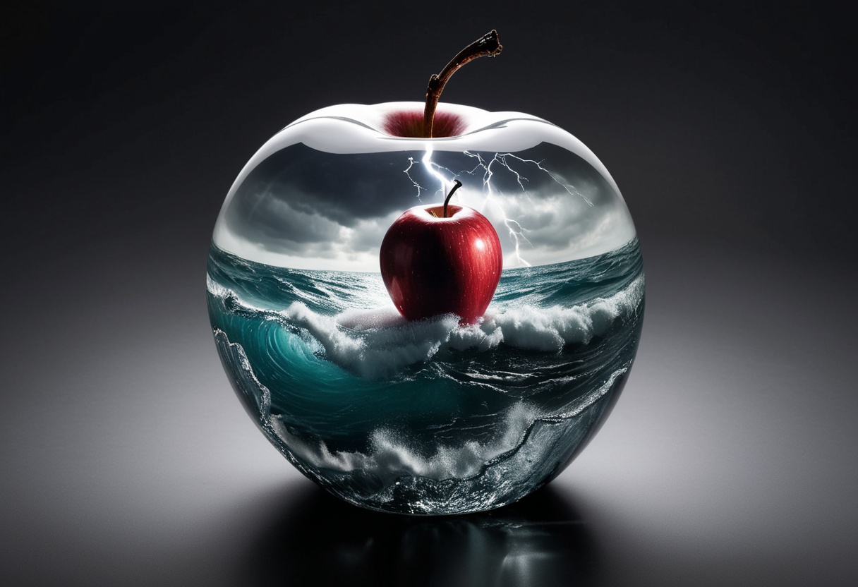 A stunning still life photograph centers on a perfectly transparent crystal apple containing a dramatic miniature seascape...