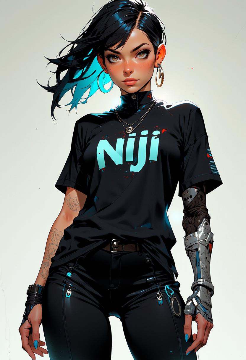 alternative woman wearing a shirt that says "Niji Anime art flux",  cyberpunk,  mechanical arm.Niji Stan Katayama style. o...