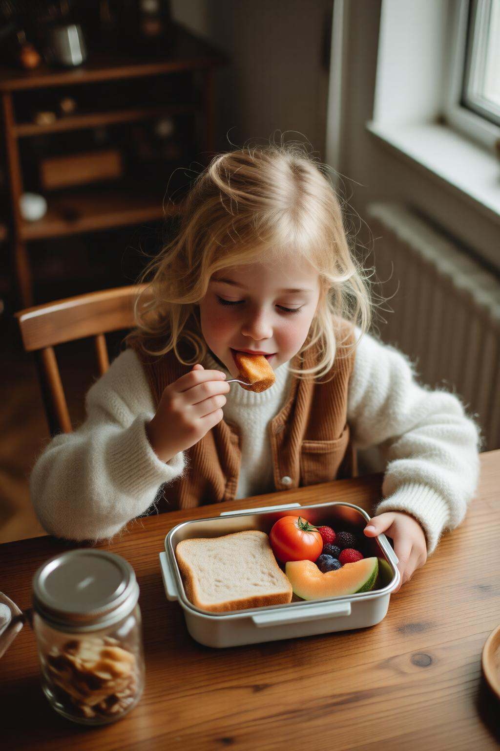midjourneyhighangle13q High angle view.A blond little girl sitting at a wooden table,  enjoying a healthy meal. She is wea...