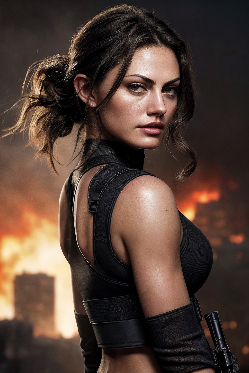 PhoebeT_SoloTI_v1,  (In a torn,  dust-covered tactical outfit with a ripped sleeve and utility belt on Tensor.Art