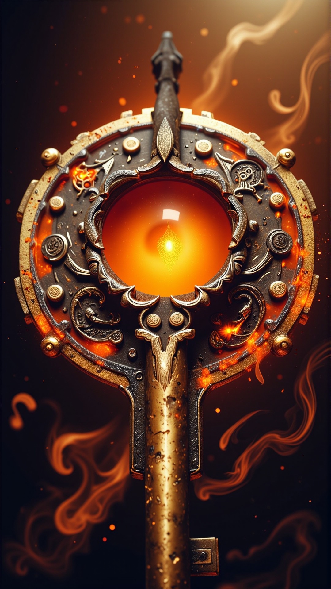 HalloweenGlowStyle orange themed Realistic rendering of a rusty antique key,  golden brass material,  intricate patterns o...