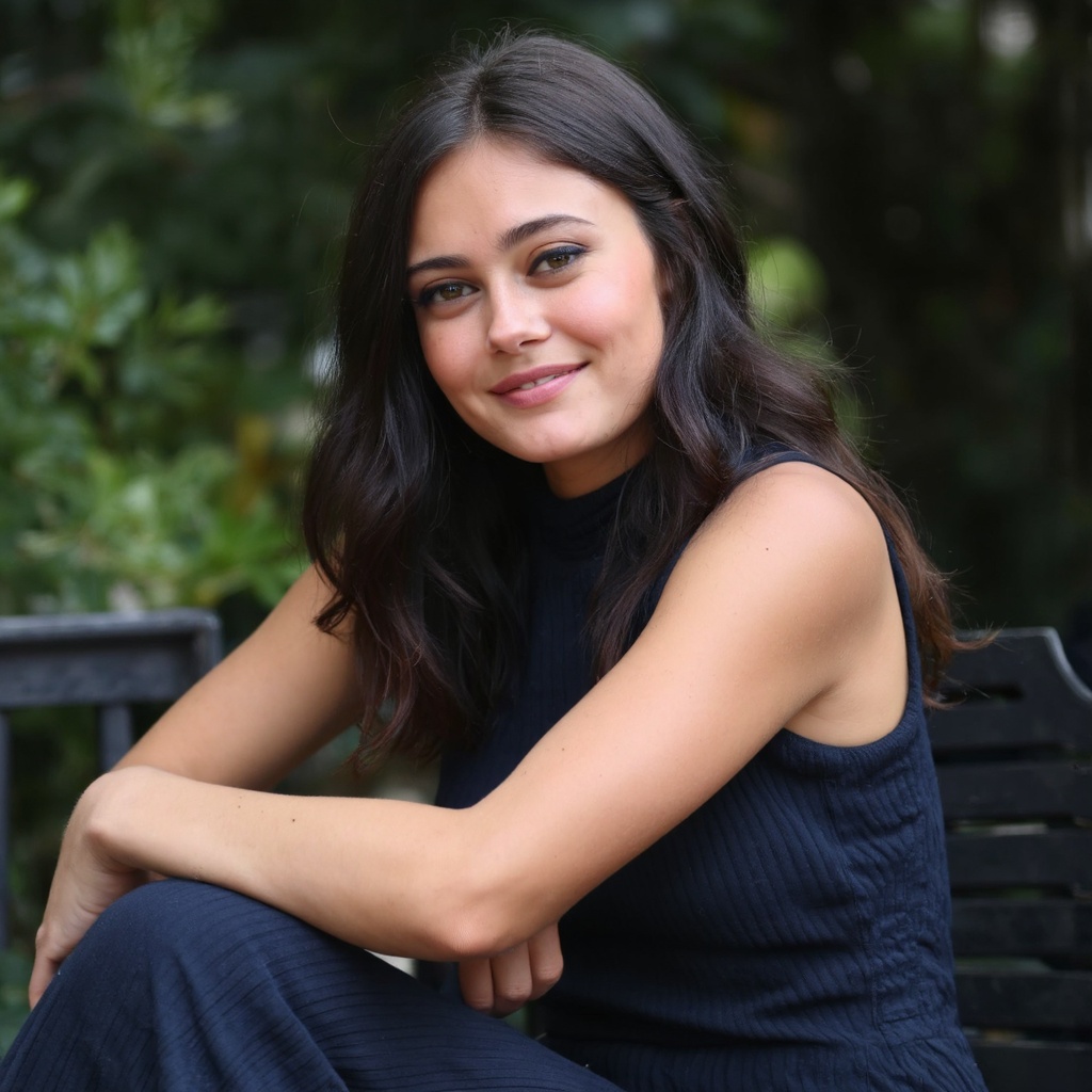 A portrait of ella_purnell with long,  wavy black hair. She is seated outdoors,  with a blurred background of greenery. Th...