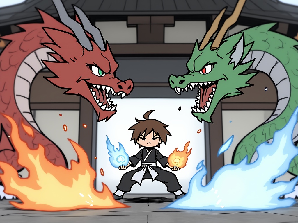 (masterpiece:1.2),(extremely detailed:1.2),(best quality:1.2),(high quality:1.2),(official art:1.2),jbh,Anime-style drawing,A digital illustration in a vibrant, dynamic style featuring a young character with short brown hair and a black and white outfit, wielding a blue and a yellow magical orb. The character is in mid-action, striking a powerful pose with an intense expression. The background showcases a traditional Japanese building with wooden architecture and a tiled roof, illuminated by soft, warm lighting. Two large, menacing dragons are attacking the character; one red with orange flames and the other green with blue flames. The dragons have sharp teeth and claws, and their bodies are coiled around the character. The image has a high level of detail and shading, with a focus on the character's dynamic movement and the dramatic interaction with the dragons. The camera angle is slightly low, emphasizing the character's power and the intensity of the scene.<lora:古风简笔画-autodl-11.26-000009:0.8>,