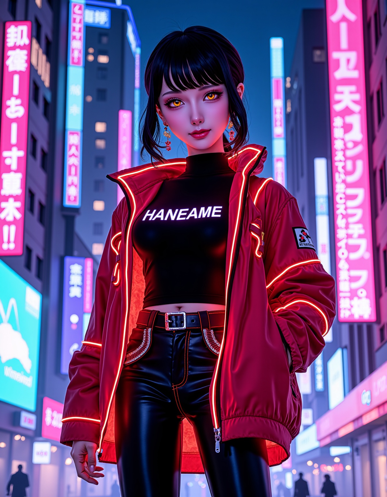 flat color anime illustration of a closeup on haneame in neon-trimmed futuristic clothing stands in a vibrant cyberpunk se...