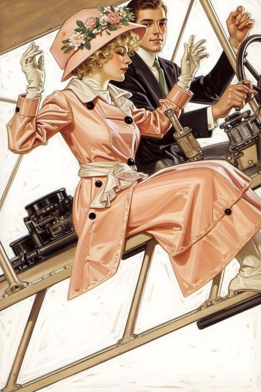 jcleyen1 painting.A romantic scene of a couple on a vintage biplane. The woman,  in the foreground,  is a stylish woman wi...